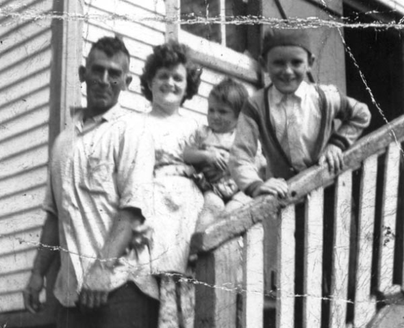 340: Leo Kerrivan, his wife Sadie Norman, their niece Winnie Kerrivan, and their son Calvin.  (circa 1962) [courtesy of Sadie (Norman) Kerrivan]  - Leo son of Joseph Kerrivan &amp;amp; Elizabeth Judge; Sadie daughter of Thomas Norman &amp;amp; Jane  Traverse; Winnie daughter of Joseph Kerrivan &amp;amp; Madeline Bennett